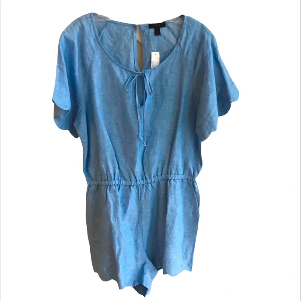 J. Crew Linen Short Sleeve Scallop Trim Scoop Neck Romper Chambray Blue Sz M NWT